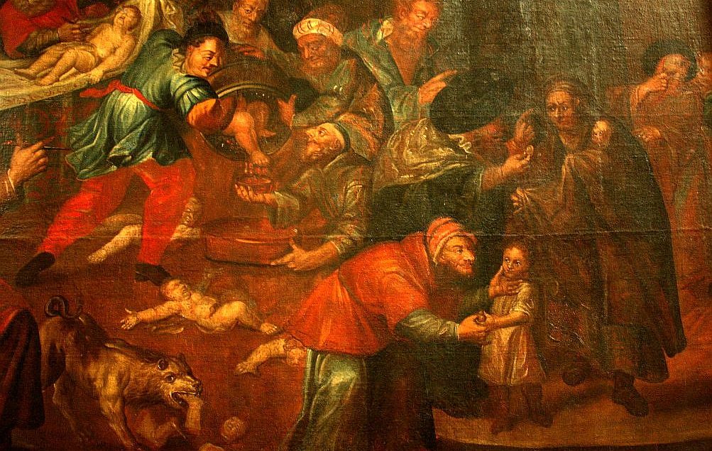 Painting in Sandomierz Cathedral, Poland, depicts Jews murdering Christian children for their blood, ~ 1750.