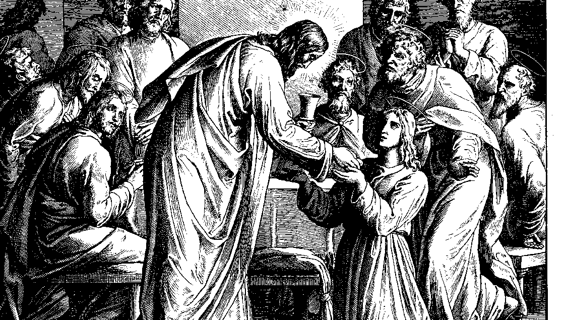 Schnorr von Carolsfeld "Bibel in Bildern" 1860 woodcut illustration of Jesus serving wine at the Last Supper