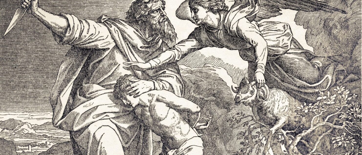 Abraham sacrifice of Isaac, angel is stopping him and showing him the ram for the sacrifice.